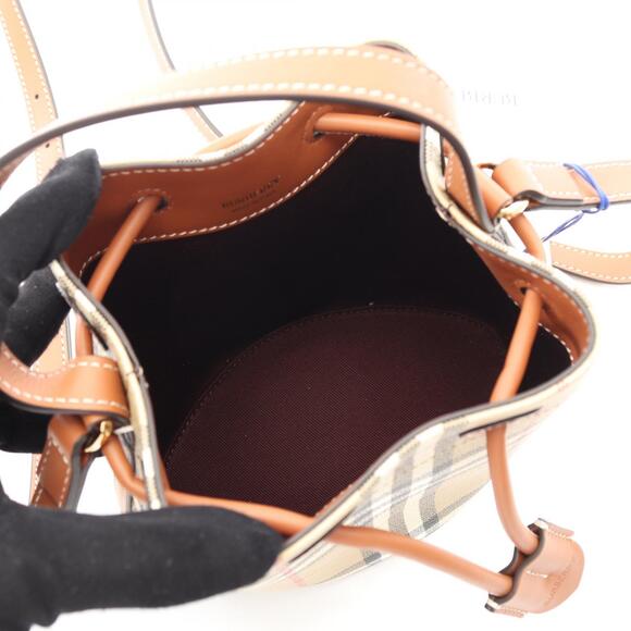 Burberry Check Bucket Bag Shoulder Canvas Leather Beige Tan Brown Multicolor - Picture 3 of 4